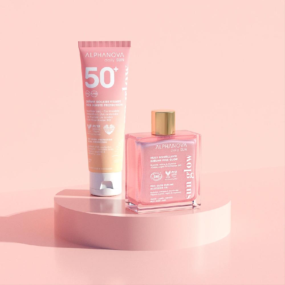 alphanova Kit Duo Daily : Crème solaire visage 50+ & Huile scintillante rose