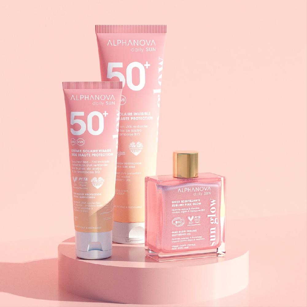 alphanova Kit trio summer: 2 protections solaires 50+ & 1 huile pailletée rose