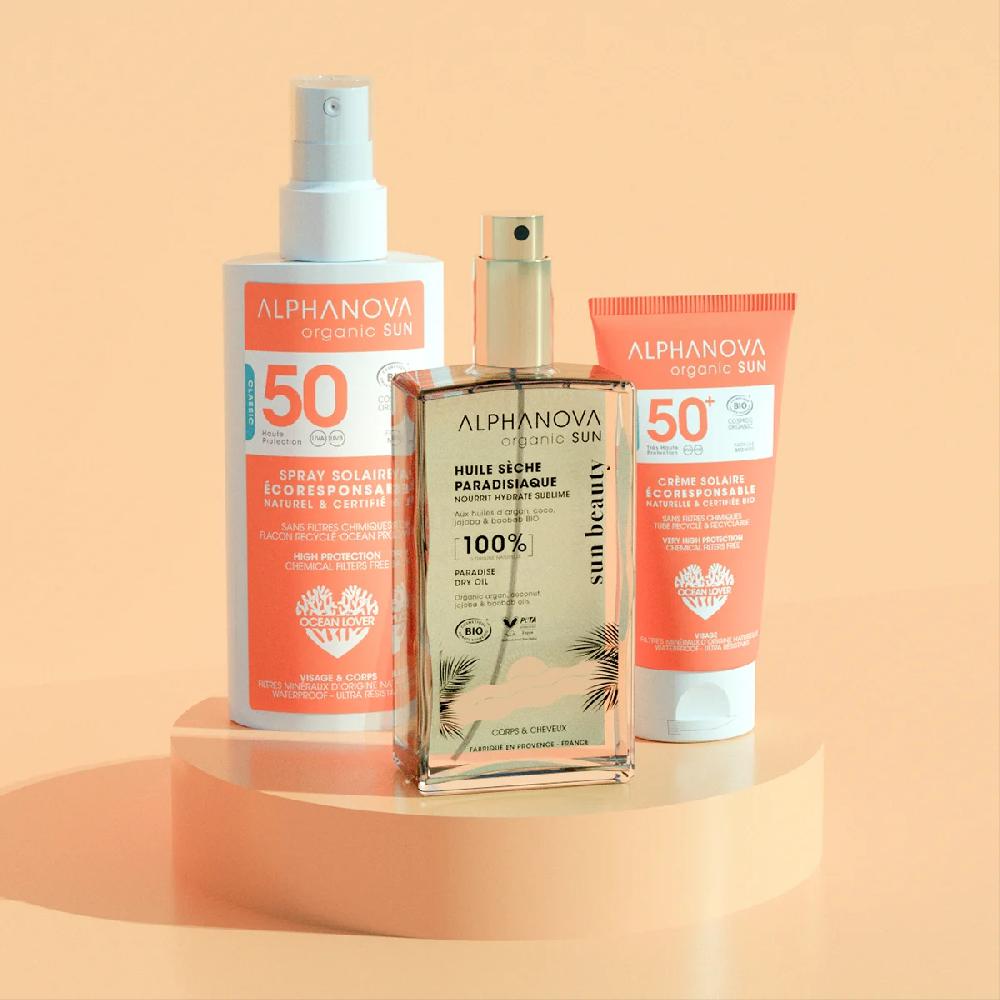 alphanova Kit Trio Vacances - 2 Crèmes solaires + 1 Huile sèche paradisiaque