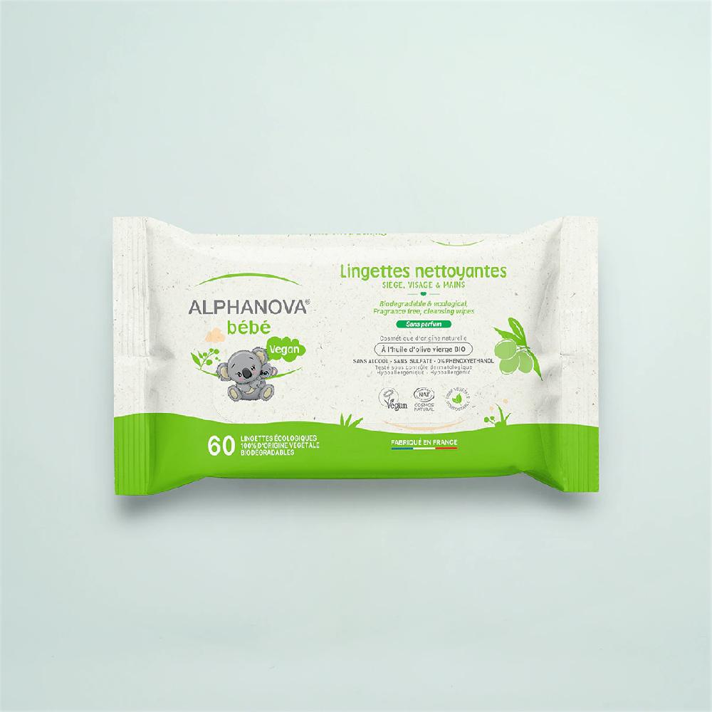 Alphanova Lingettes Bébé Nettoyantes Sans Parfum - Olive