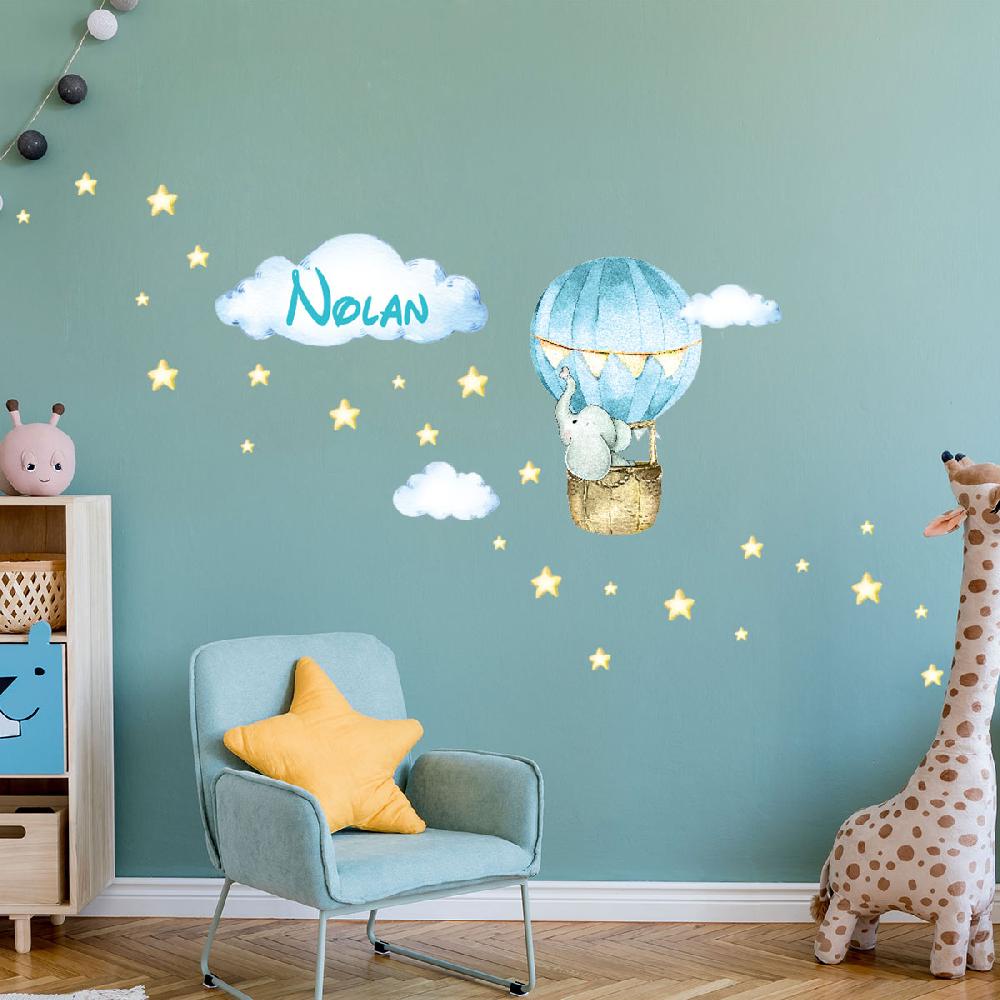 Ambiance Sticker Sticker Personnalisable Prénom éléphant En Montgolfière + 70 étoiles – Stickers STICKERS MINI Prénom Perso