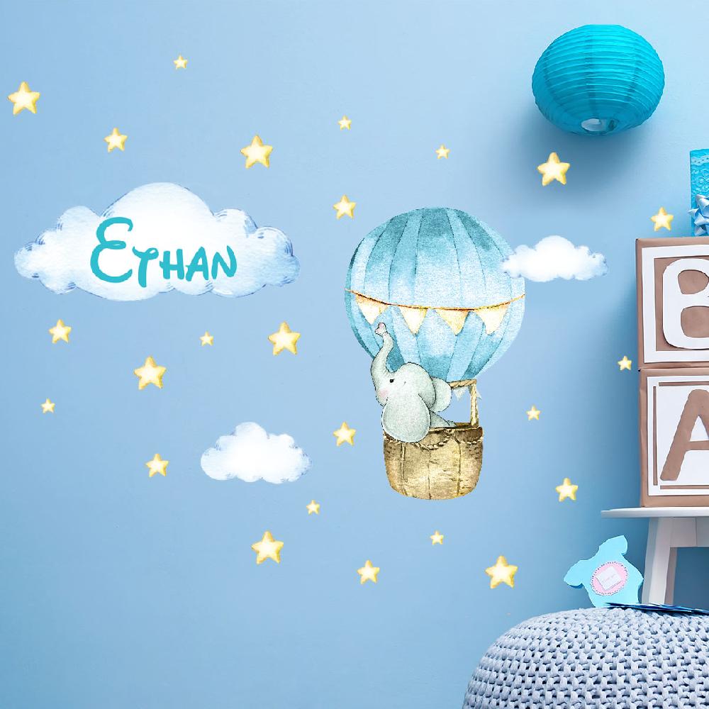 ambiance sticker Sticker personnalisable prénom éléphant en montgolfière + 70 étoiles – Stickers STICKERS MINI Prénom perso