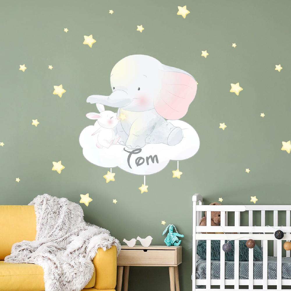 Ambiance Sticker Sticker Personnalisable Prénom éléphant Et Lapin Dans Les étoiles + 60 étoiles – Stickers STICKERS MINI Prénom Perso
