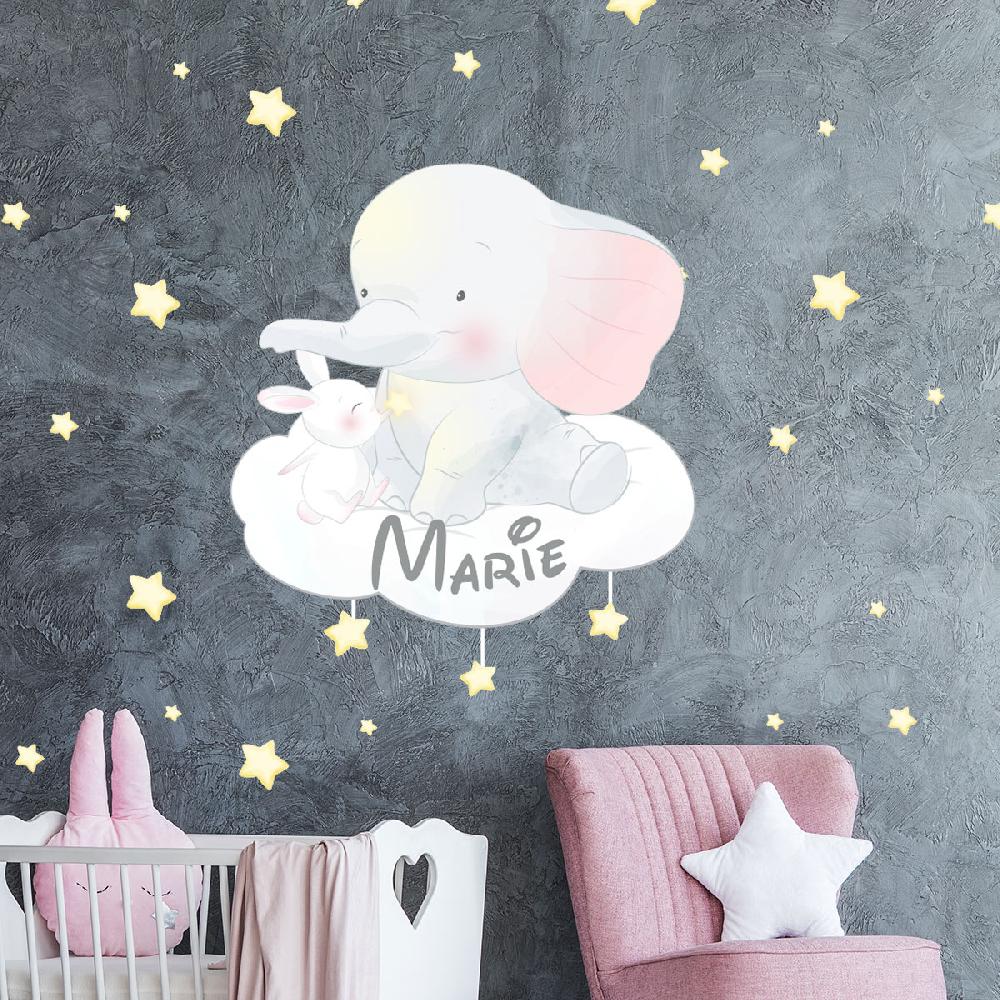 ambiance sticker Sticker personnalisable prénom éléphant et lapin dans les étoiles + 60 étoiles – Stickers STICKERS MINI Prénom perso