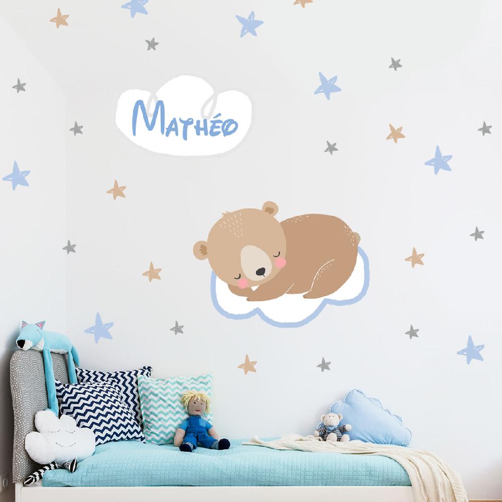 Ambiance Sticker Sticker Personnalisable Prénom Ours Brun Sur Le Nuage + 40 étoiles – Stickers STICKERS MINI Prénom Perso