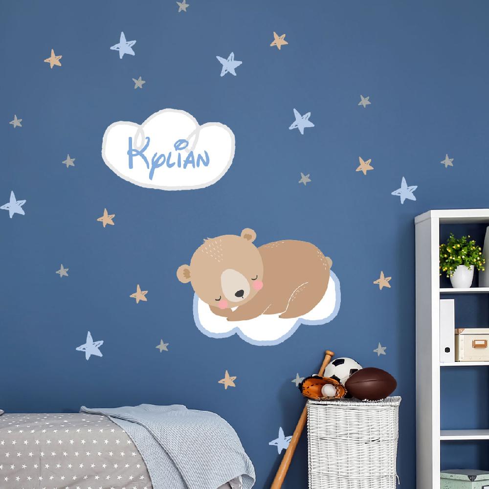 ambiance sticker Sticker personnalisable prénom ours brun sur le nuage + 40 étoiles – Stickers STICKERS MINI Prénom perso