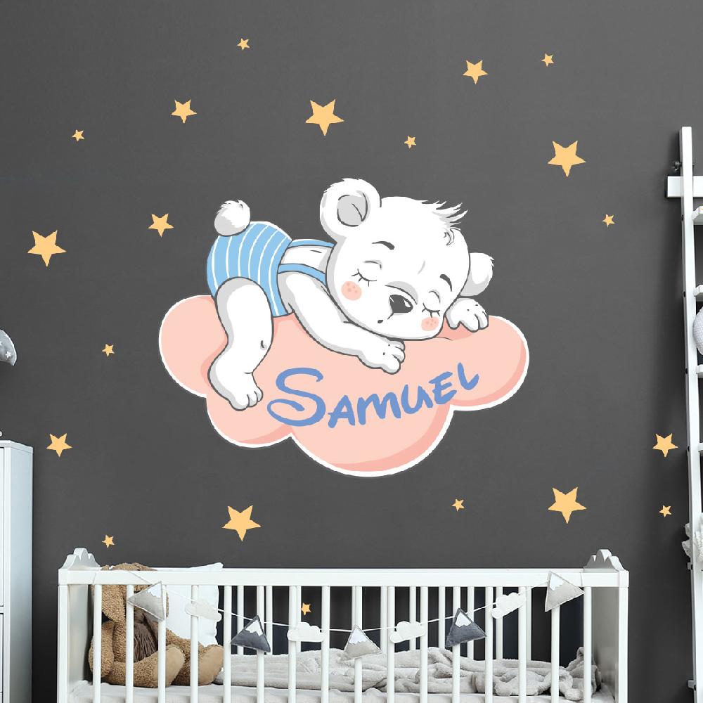 ambiance sticker Sticker personnalisable prénom ours sur le nuage + 90 étoiles – Stickers STICKERS MINI Prénom perso