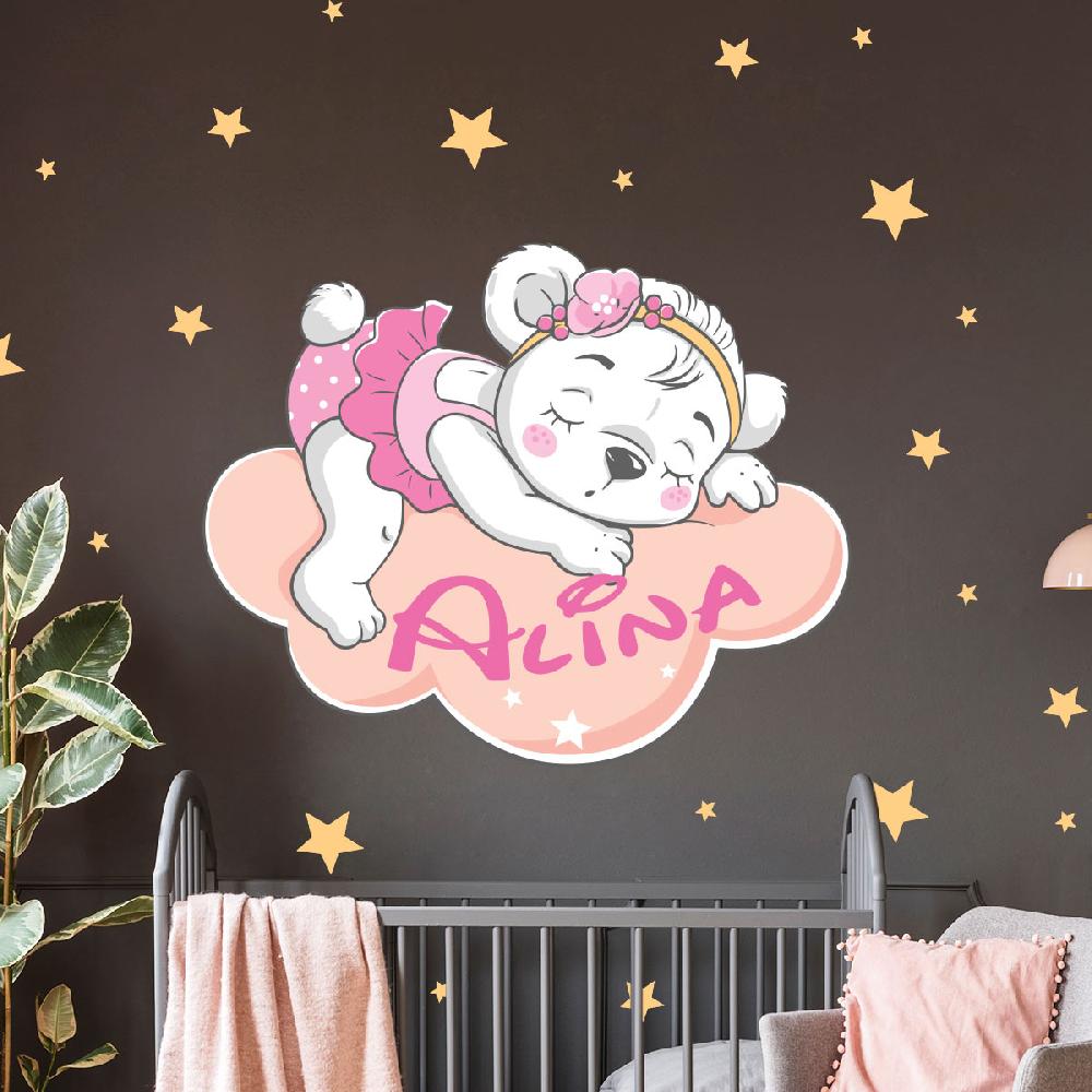Ambiance Sticker Sticker Personnalisable Prénom Ours Sur Le Nuage Girly + 90 étoiles – Stickers STICKERS MINI Prénom Perso