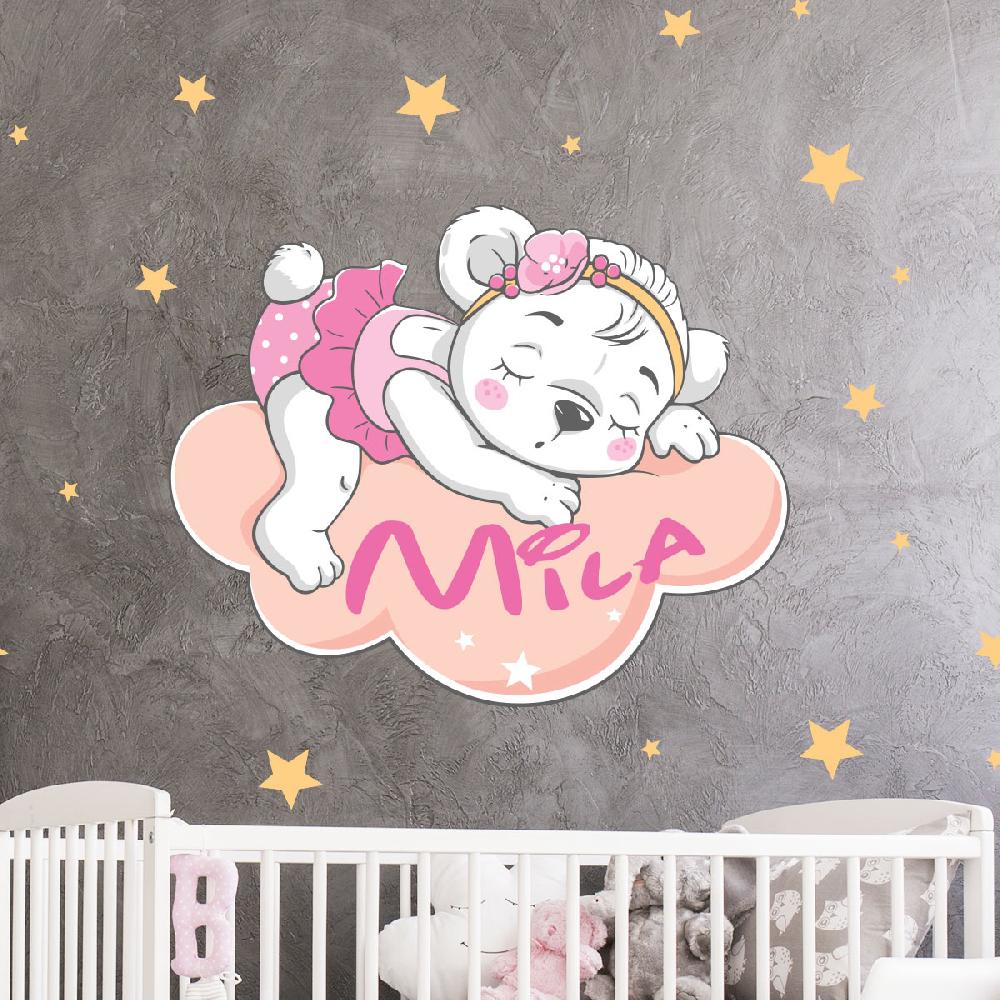 ambiance sticker Sticker personnalisable prénom ours sur le nuage girly + 90 étoiles – Stickers STICKERS MINI Prénom perso