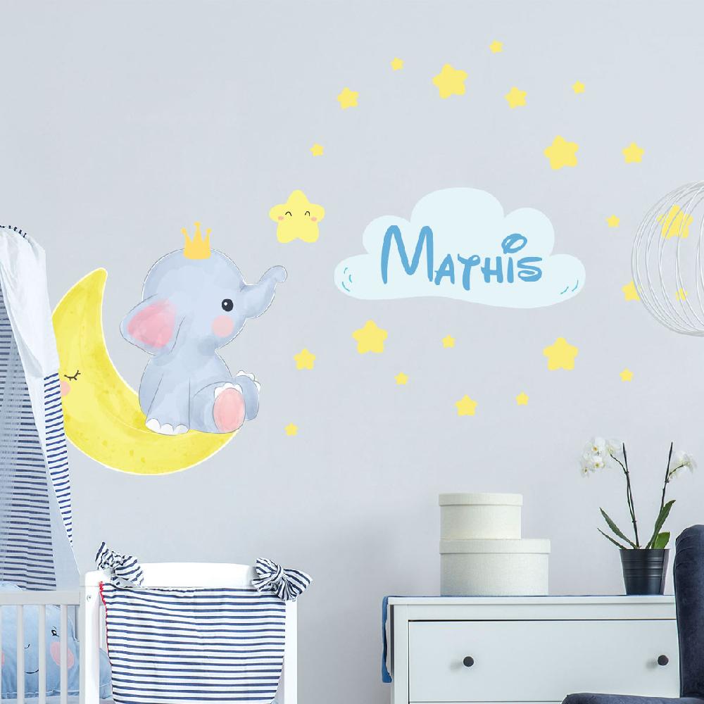 Ambiance Sticker Sticker Personnalisé Prénom Prince éléphant Assis Sur La Lune + 60 étoiles – Stickers STICKERS MINI Prénom Perso