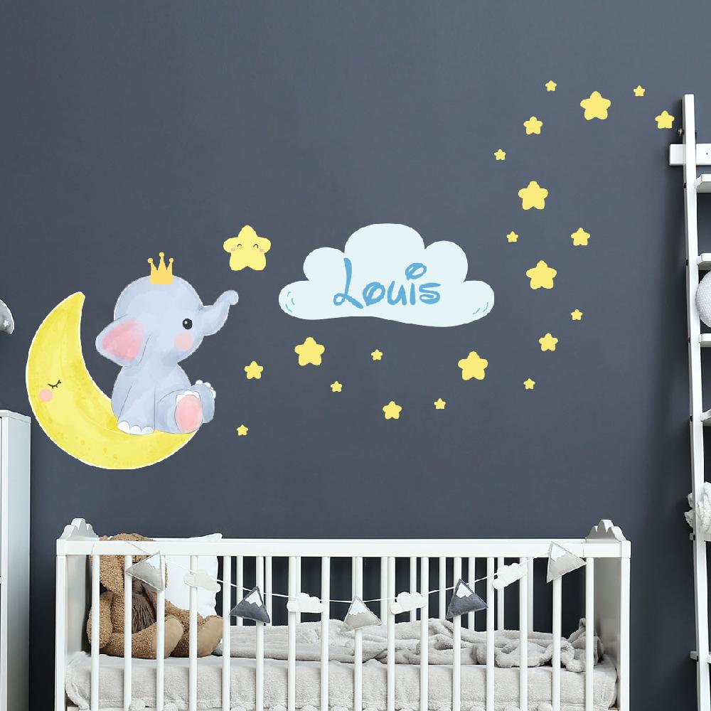 ambiance sticker Sticker personnalisé prénom prince éléphant assis sur la lune + 60 étoiles – Stickers STICKERS MINI Prénom perso