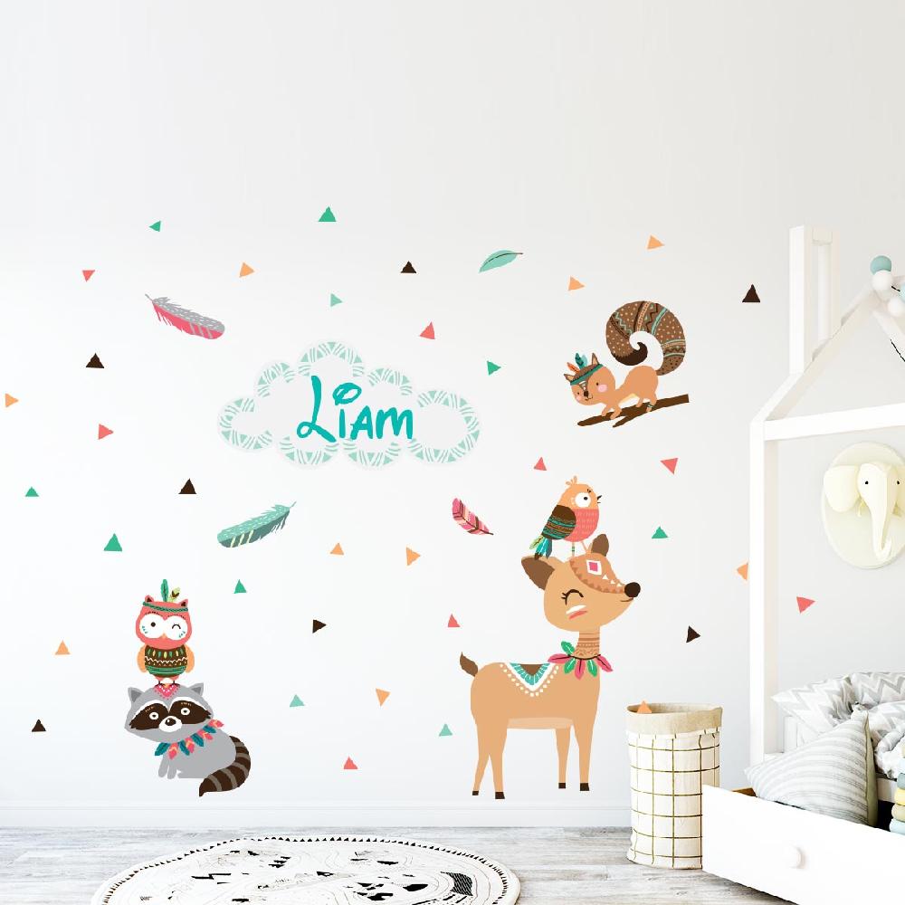 ambiance sticker Stickers prénom personnalisable animaux et plumes indiennes – STICKERS TEXTE PERSONNALISABLE - Stickers Prénom