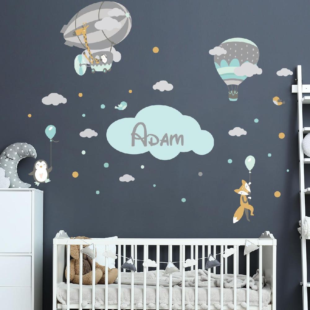 ambiance sticker Stickers prénom personnalisable montgolfières et animaux – STICKERS TEXTE PERSONNALISABLE - Stickers Prénom