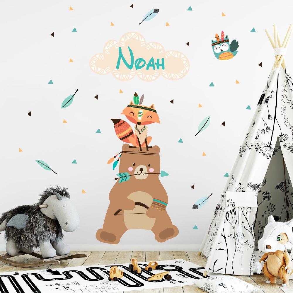 ambiance sticker Stickers prénom personnalisé ourson et le hibou indien – STICKERS TEXTE PERSONNALISABLE - Stickers Prénom