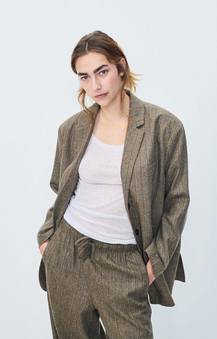 american vintage Blazer femme Dirow - RAYURES TAUPE 56 Manches longues Marron - E25