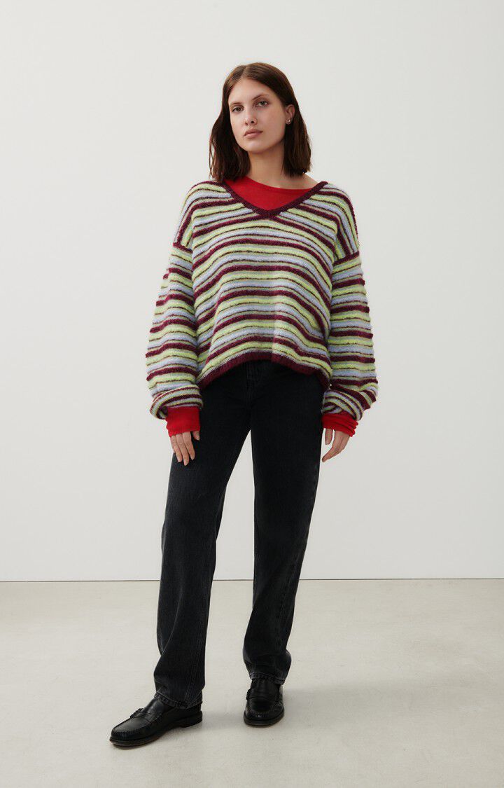 American Vintage Pull Femme East - RAYURES BORDEAUX CHINE 52 Manches Longues Vert - H23