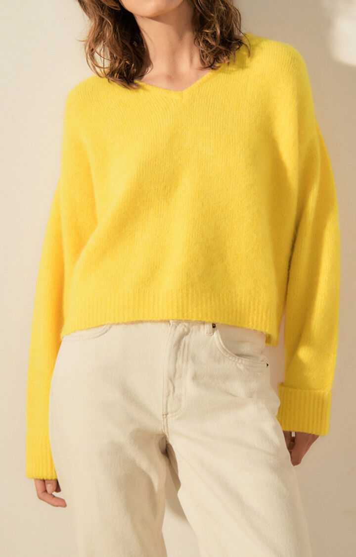 american vintage Pull femme East - SOLEIL CHINE 46 Manches longues Jaune - E23