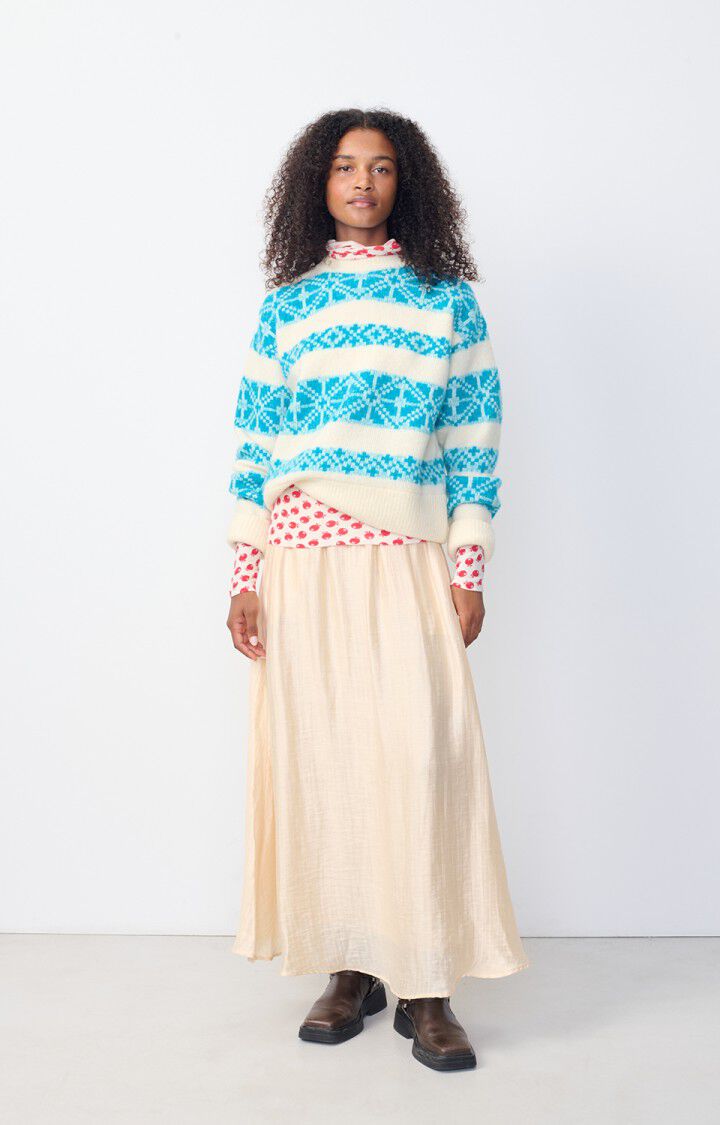 American Vintage Pull Femme Gylson - ECRU JACQUARD TURQUOISE 51 Manches Longues Beige - H24