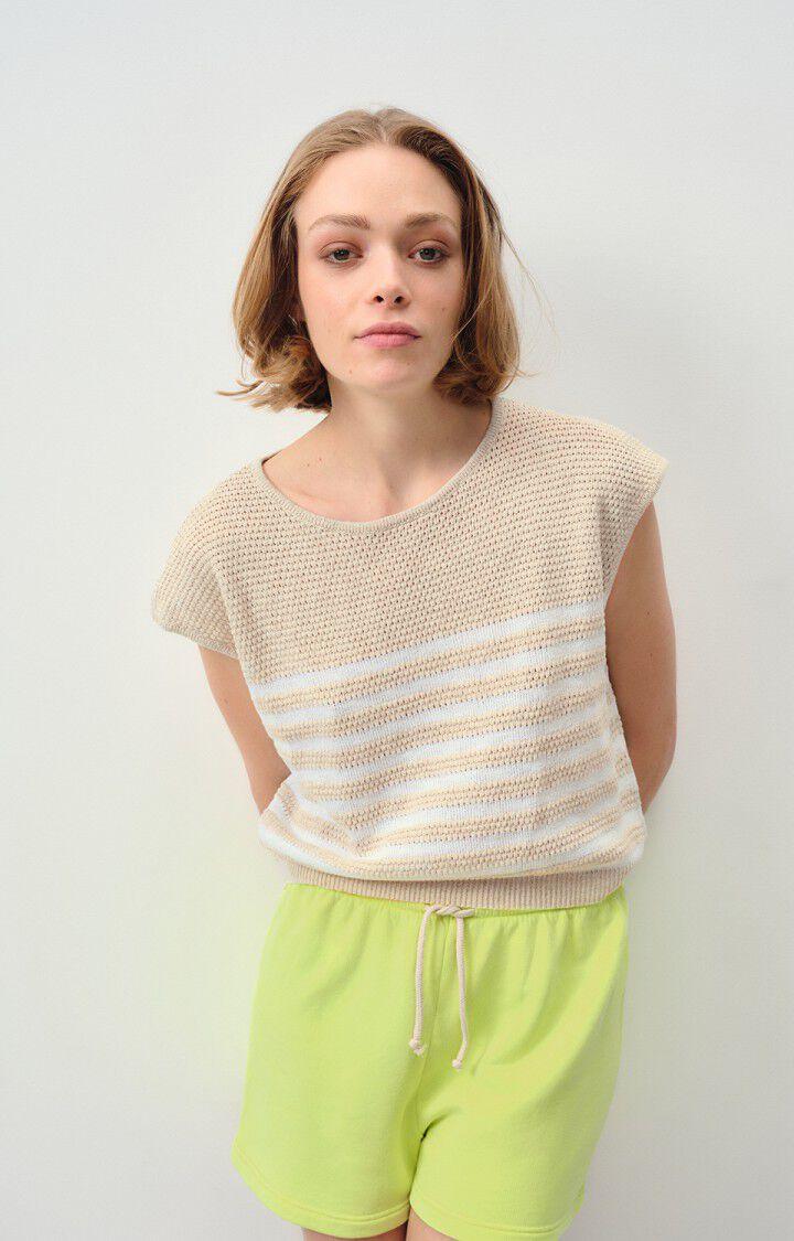 american vintage Pull femme Nyama - RAPHIA CHINE RAYE BLANC 0 Sans manches Beige - E24