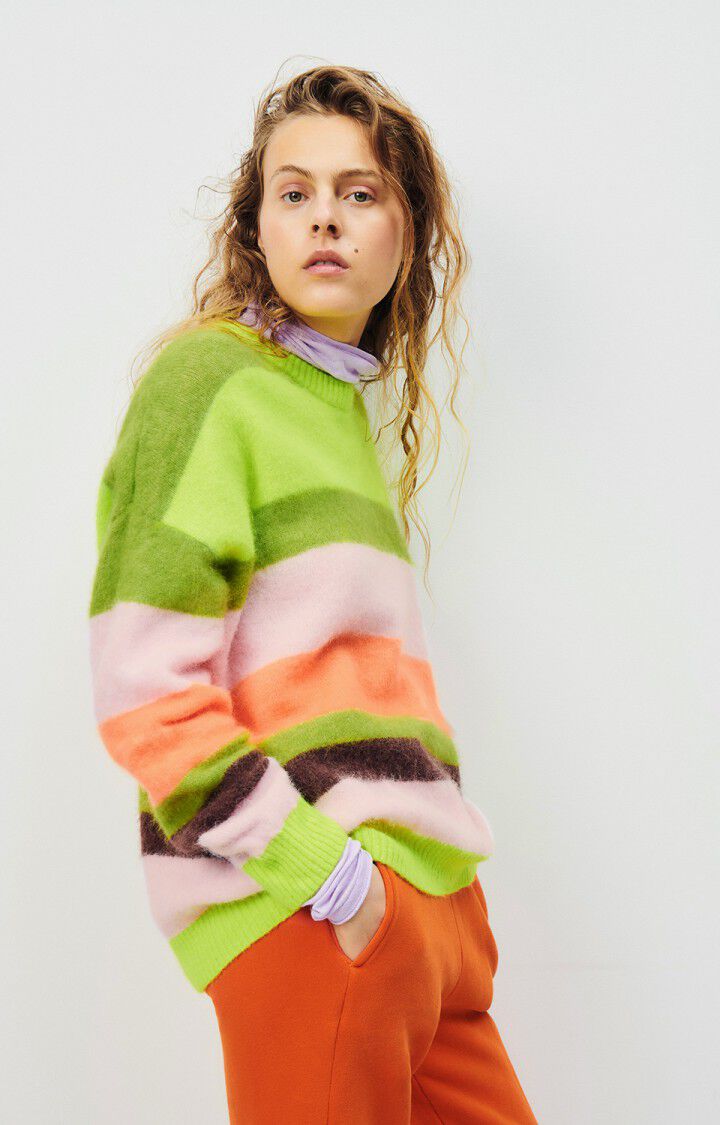 american vintage Pull femme Vitow - RAYURES MULTICOLORES 48 Manches longues Vert - H24