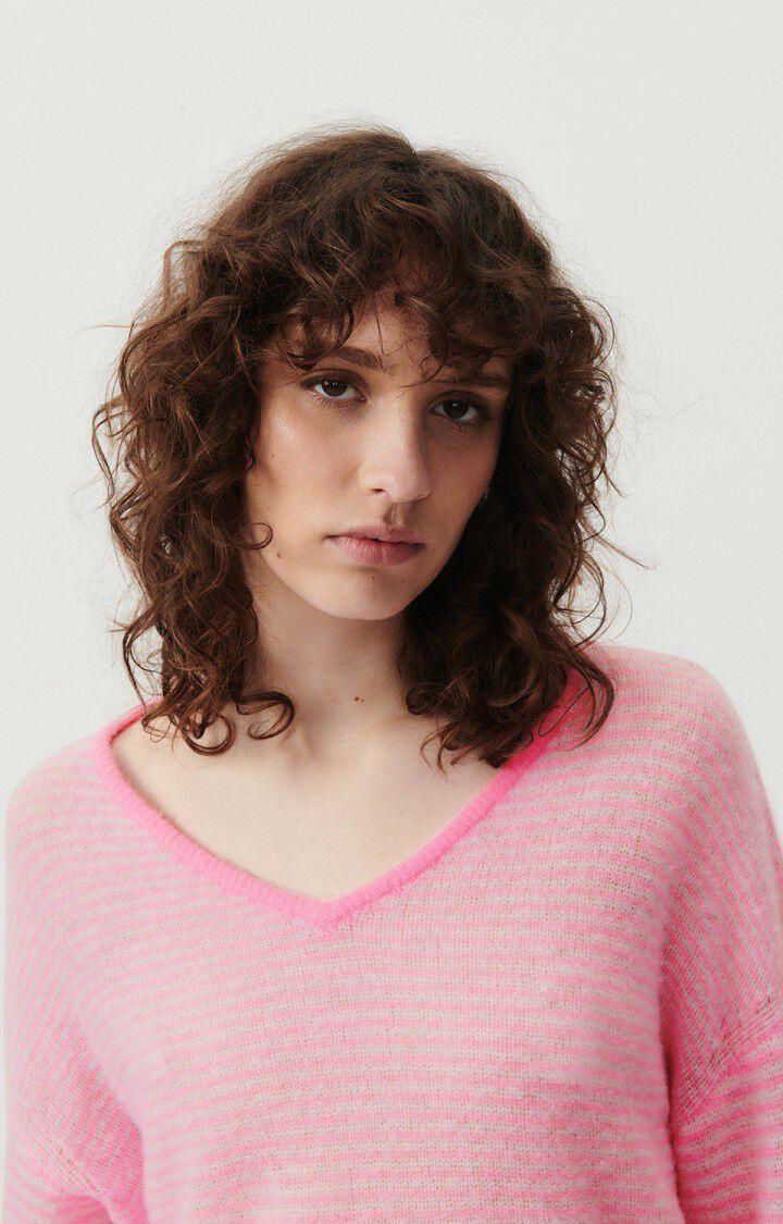 American Vintage Pull Femme Zakday - RAYURES GRIS CHINE ROSE FLUO 47 Manches Longues Rose - E24