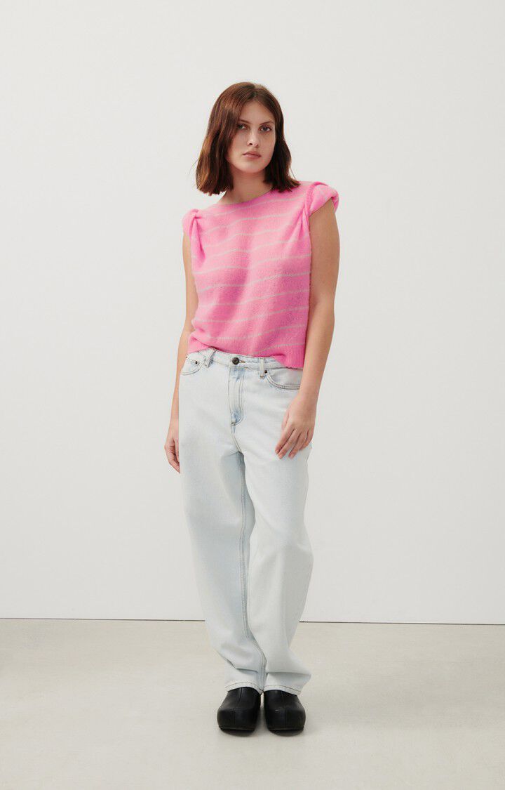 American Vintage Pull Femme Zakday - ROSE FLUO RAYE GRIS CHINE 0 Sans Manches Rose - E24
