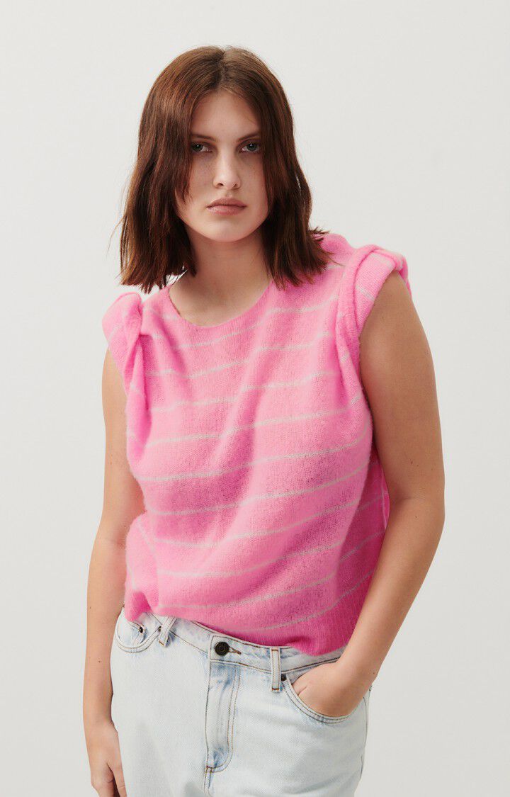 american vintage Pull femme Zakday - ROSE FLUO RAYE GRIS CHINE 0 Sans manches Rose - E24