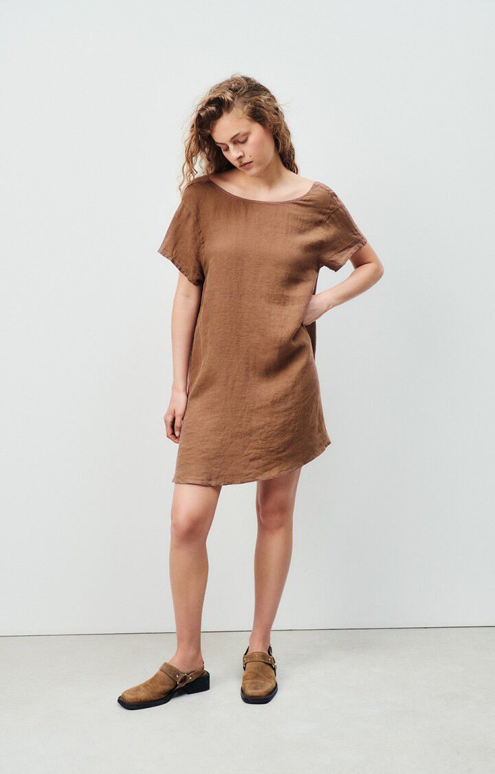 american vintage Robe femme Ivybo - CACAO 16 Manches courtes Marron - E24
