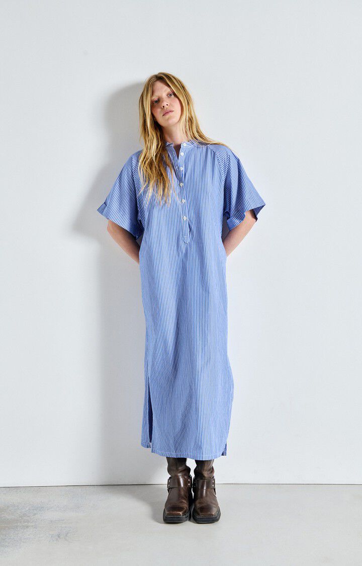 american vintage Robe femme Zatybay - RAYURES AQUA 39 Manches courtes Bleu - E25