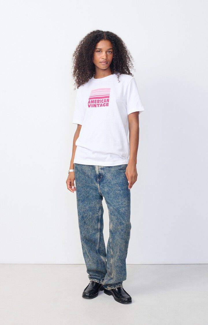 American Vintage T-shirt Femme Ykobow - BLANC PRINT FUCHSIA 22 Manches Courtes Blanc - H24