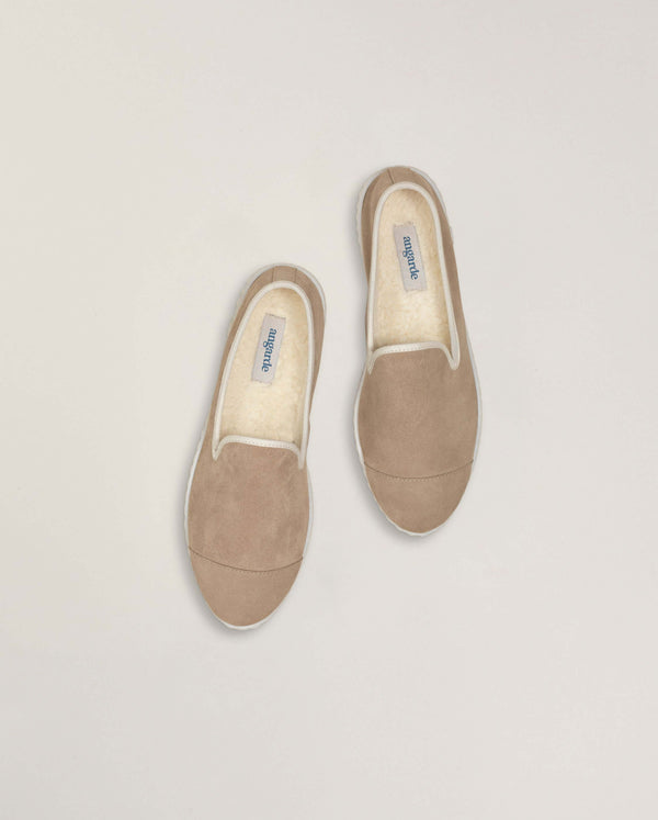 Angarde Chausson Femme Taupe En Cuir Suède