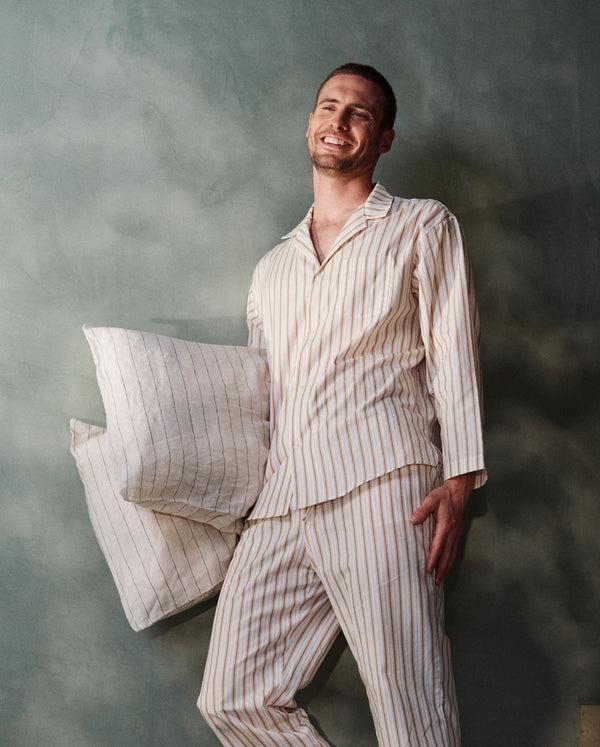 Angarde Chemise Pyjama Homme à Rayures Beige