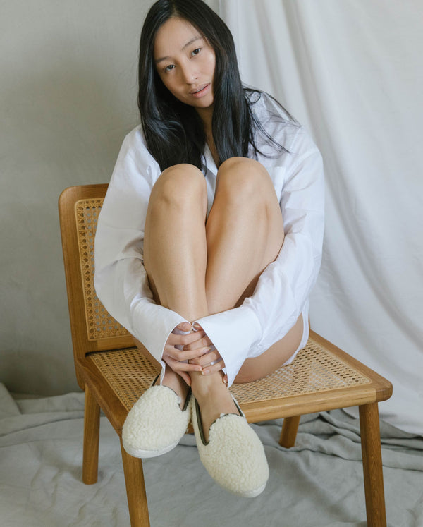 Angarde Chausson Femme Blanc Kaki En Bouclette De Laine
