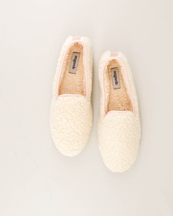 Angarde Chausson Femme Blanc Rose En Bouclette De Laine