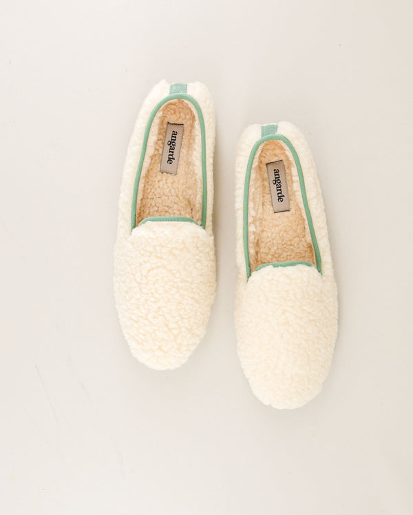 Angarde Chausson Femme Blanc Sauge En Bouclette De Laine