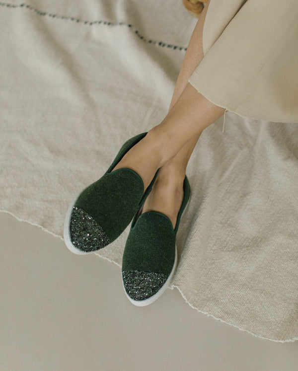 Angarde Chausson Femme Vert Paillettes En Laine Reyclée