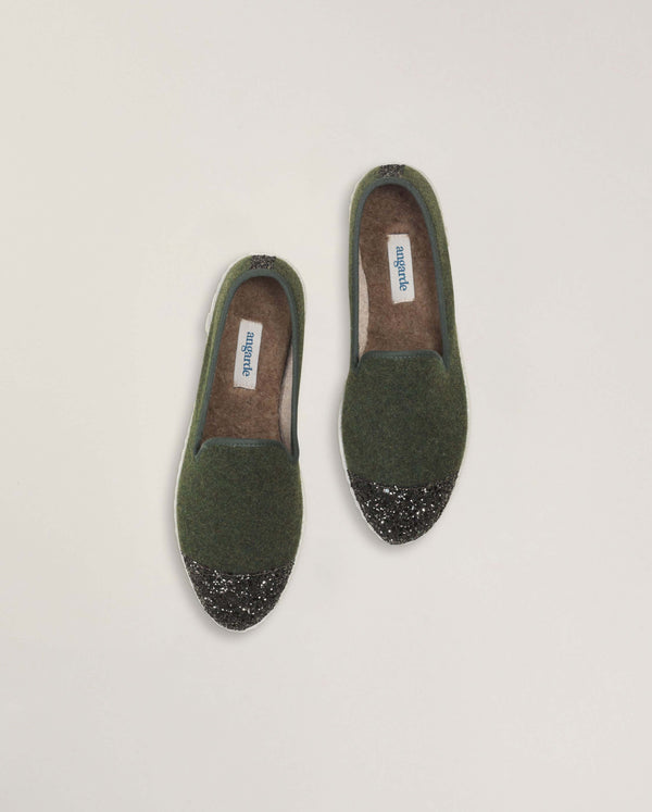 Angarde Chausson Femme Vert Paillettes En Laine Reyclée