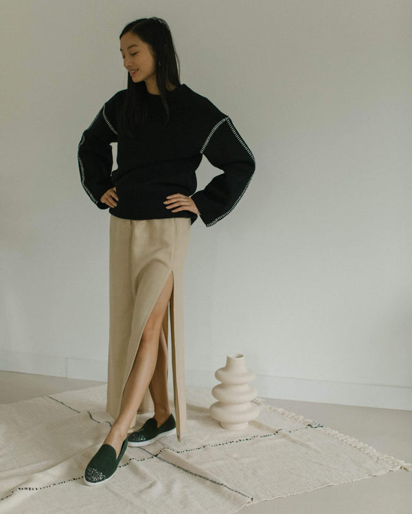 Angarde Chausson Femme Vert Paillettes En Laine Reyclée