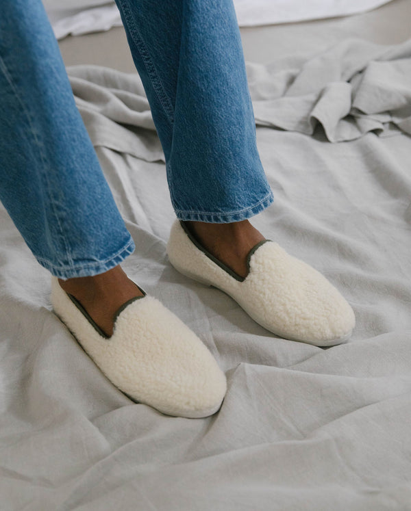 Angarde Chausson Homme En Bouclette De Laine Blanc Kaki