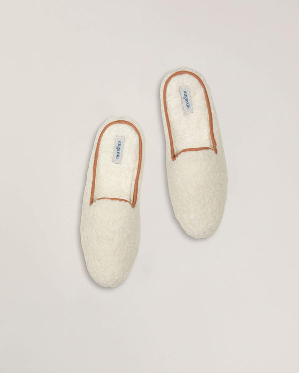 Angarde Mule Femme Blanc Et Camel En Bouclette De Laine Recyclée