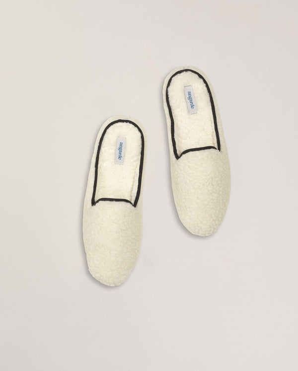 Angarde Mule Femme Blanc Noir En Bouclette De Laine
