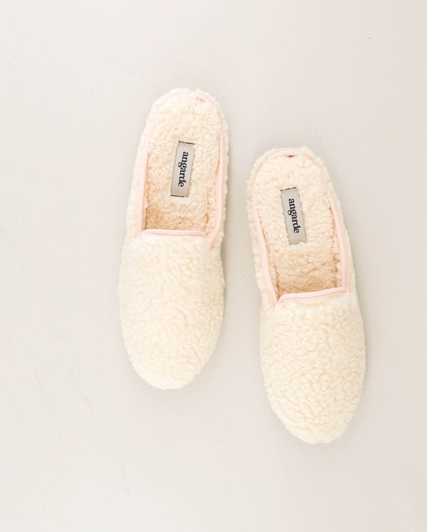 Angarde Mule Femme Blanc Rose En Bouclette De Laine