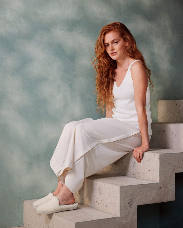 Angarde Mule Femme Blanc Sauge En Bouclette De Laine
