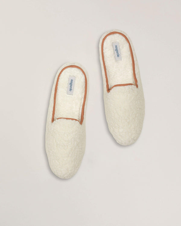 Angarde Mule Homme Blanc Camel En Bouclette De Laine