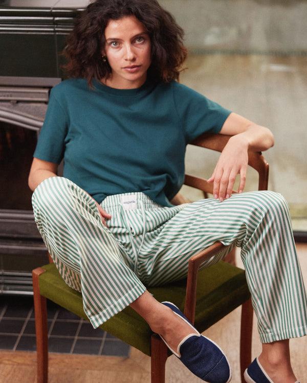 Angarde Pantalon Pyjama Femme à Rayures Vert En Tencel