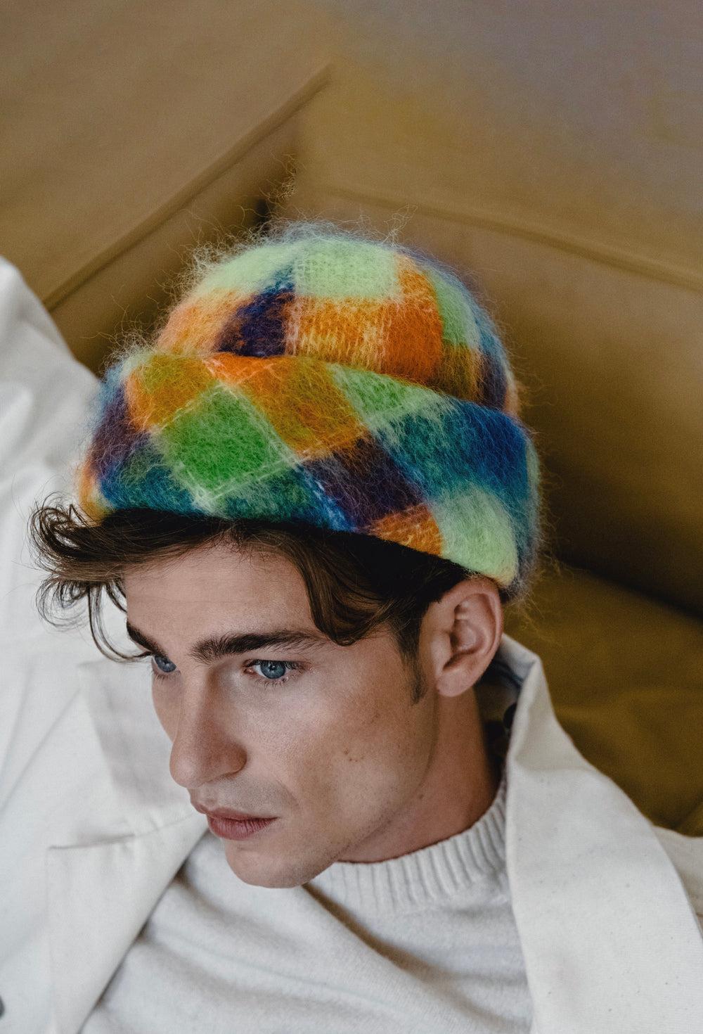 Anthony Peto Superbeanie Blue Orange Tartan Mohair