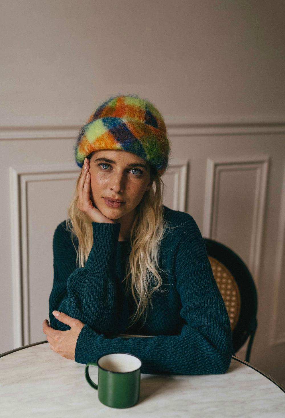 Anthony Peto Superbeanie Blue Orange Tartan Mohair