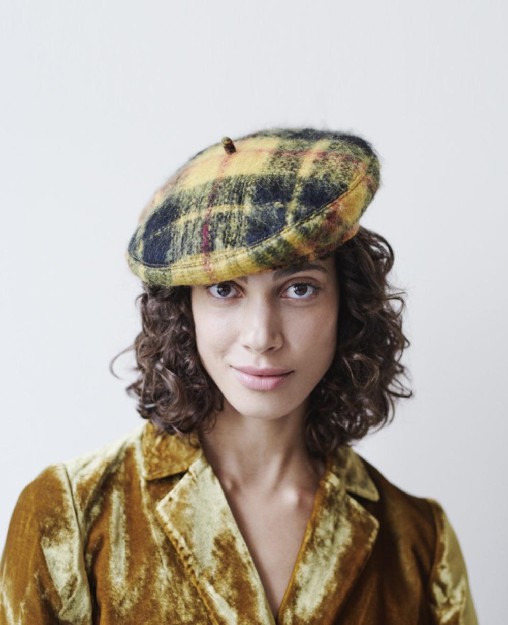 Anthony Peto Beret Mohair Grey Check Mohair;;;Cornish;;;Yellow