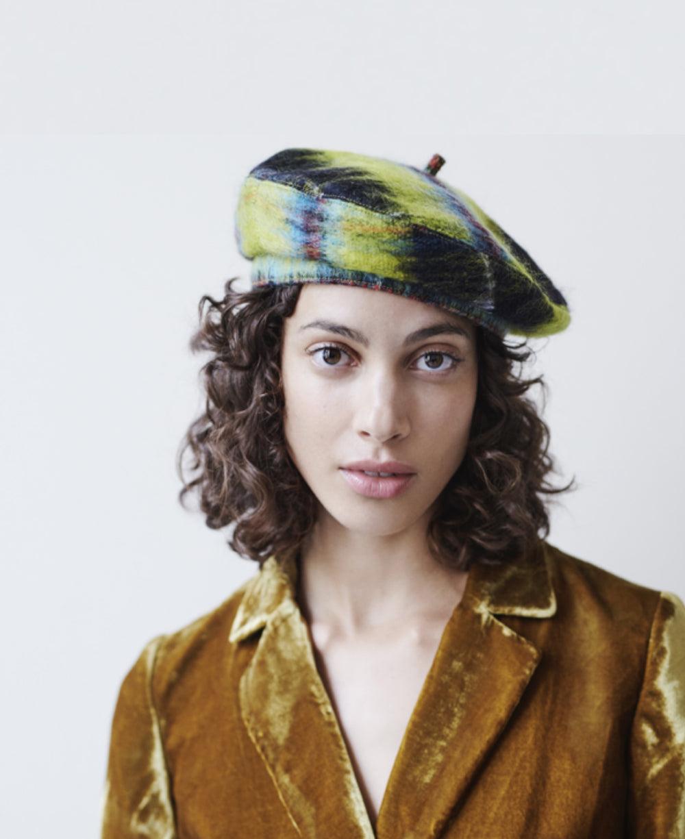 Anthony Peto Beret Mohair Grey Check Mohair;;;Cornish;;;Yellow