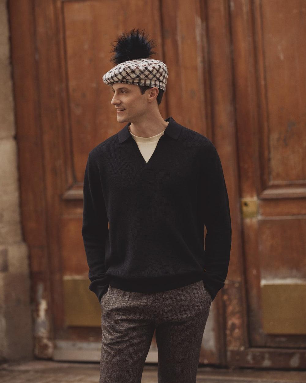 Anthony Peto Beret Pompom Black Brown Squares;;;Black Green Squares